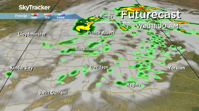 Rain and the risk of a thunderstorms stay in Saskatoon’s forecast on Wednesday as a system slides through.