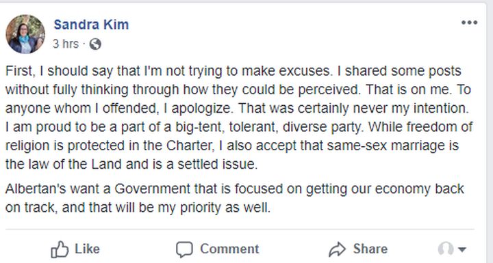 An apology posted to Sandra Kim’s Facebook page.
