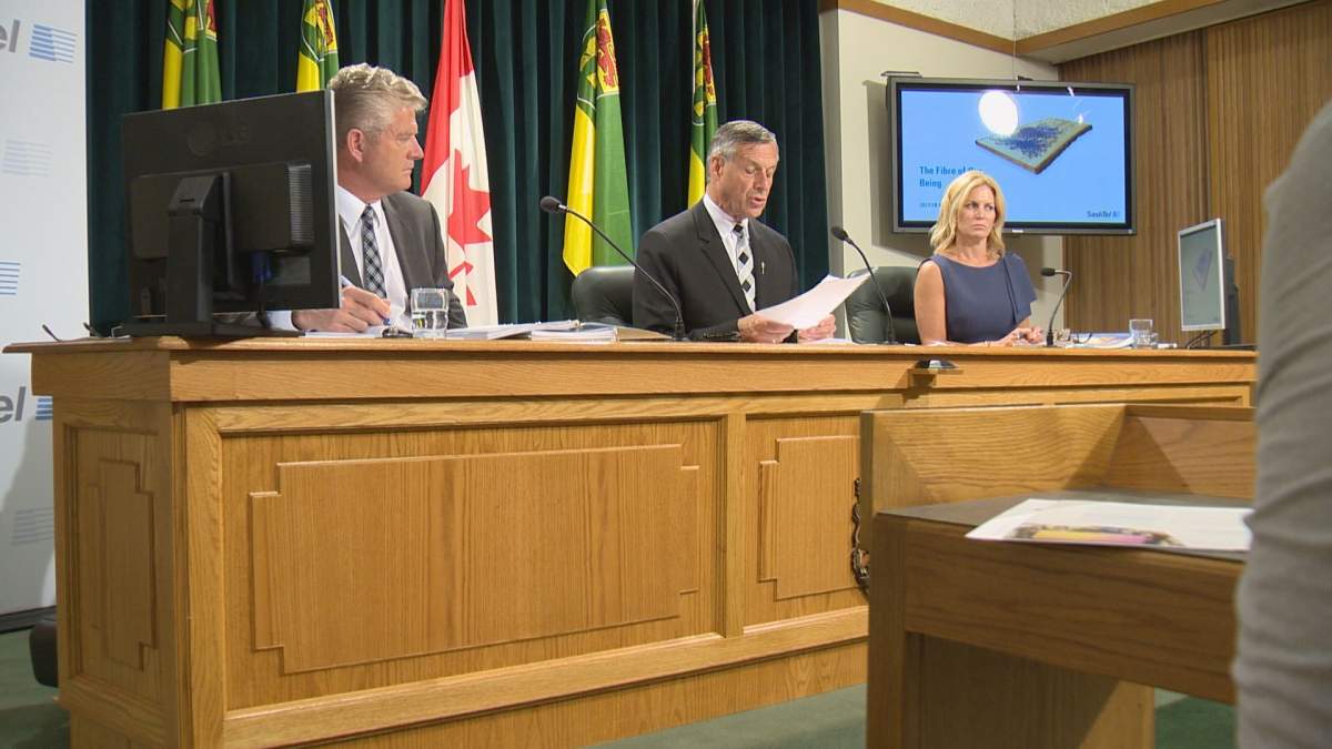 (From left to right) Acting SaskTel CEO Doug Burnett, Minister Don Morgan and CFO Charlene Gavel present SaskTel's annual report. 