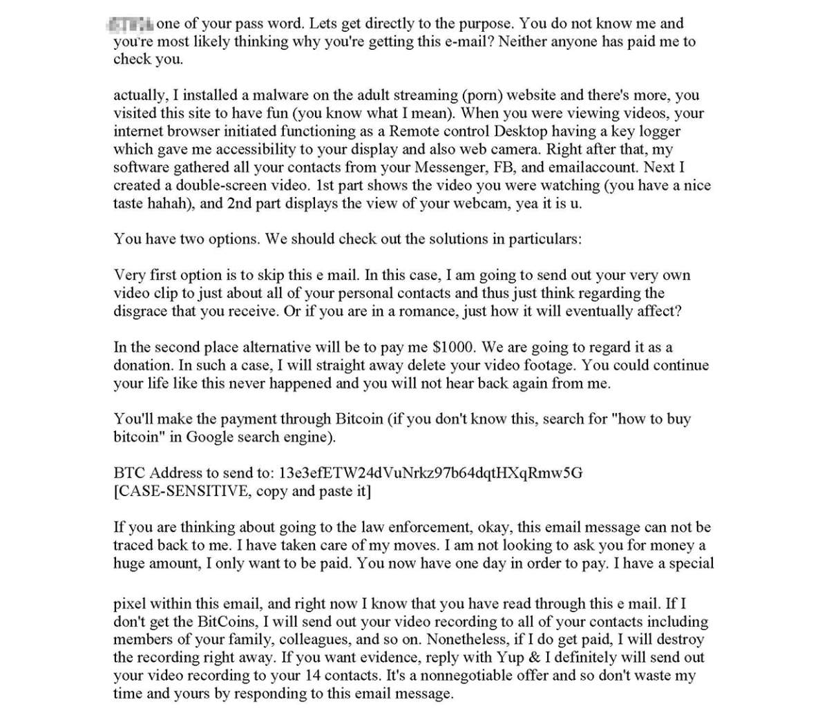 This email scam is not new, but police said scammers are now quoting a would-be victim’s password as an added tool to convince them.