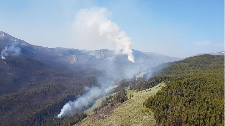 An aerial view taken Friday, July 27, of the Snowy Mountain fire.