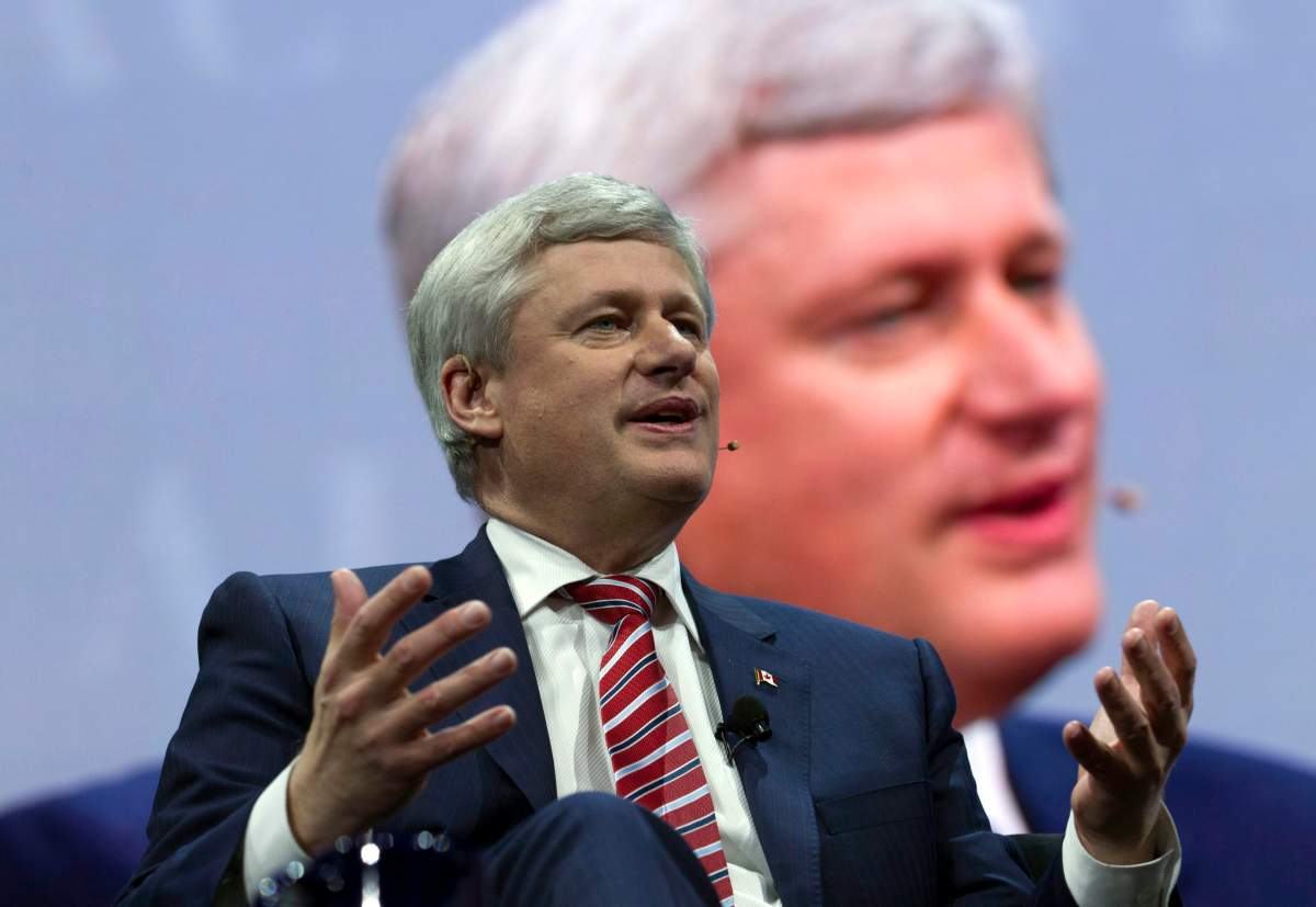 Former Prime Minister of Canada Stephen Harper speaks at the 2017 American Israel Public Affairs Committee (AIPAC) policy conference in Washington, Sunday, March 26, 2017. 