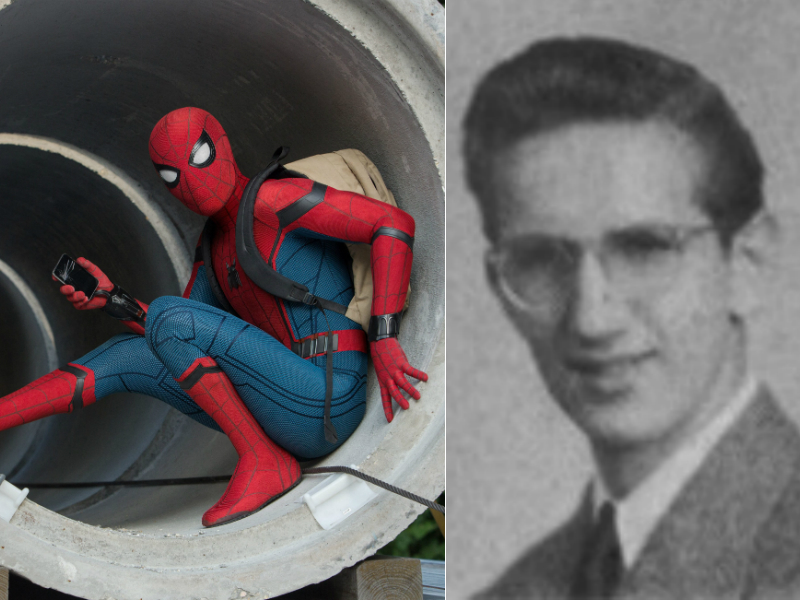 At left, Spider-Man in "Spider-Man: Homecoming." At right, Steve Ditko.