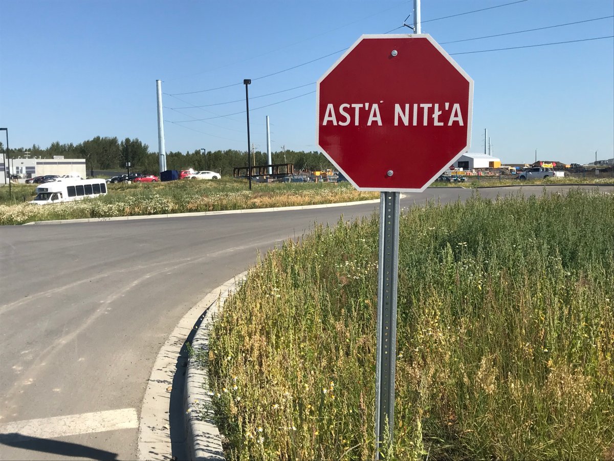 A new Indigenous stop sign is seen on Tsuut'ina Nation. 