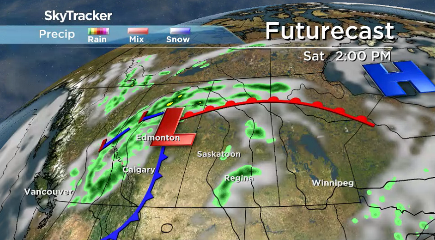 Storms and showers are possible on Saturday as a low pressure system strengthens in Alberta.