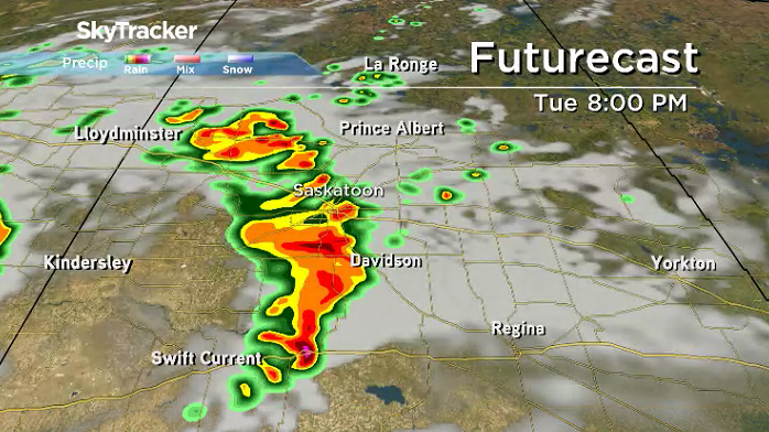 Strong thunderstorms are slated to slide into central Saskatchewan Tuesday evening.