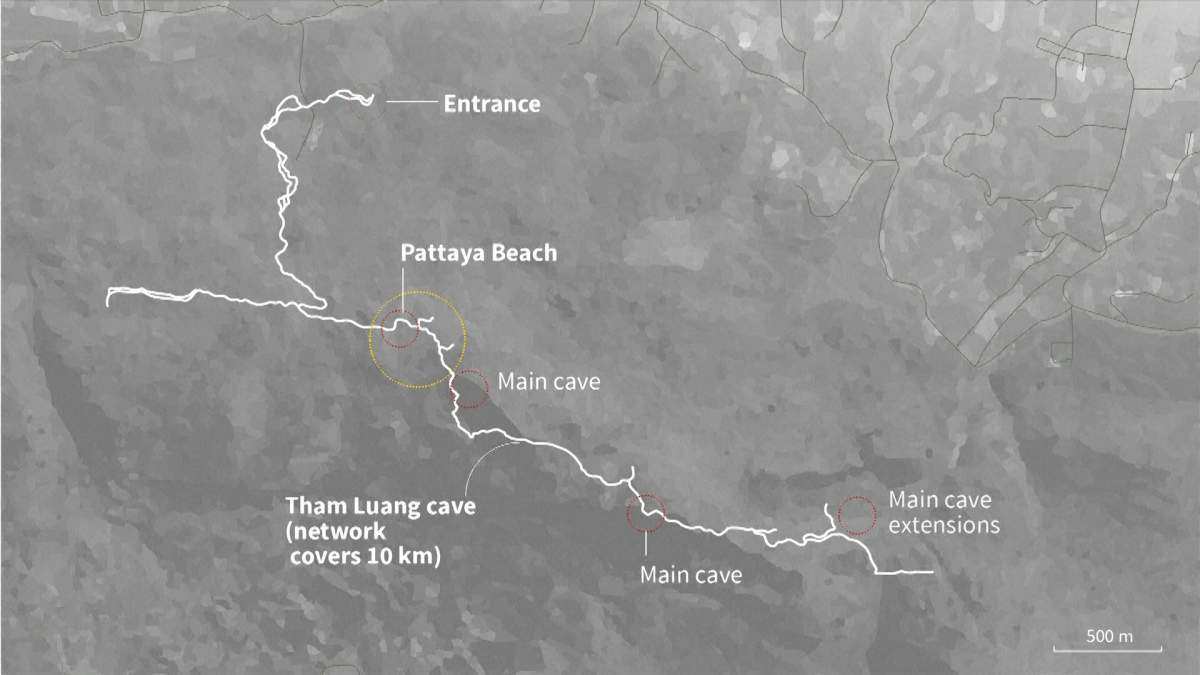 Map of Tham Luang cave where 12 Thai boys and their football coach were trapped for nine days due to the flood and found alive.
