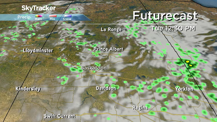 There is a slight chance of a few spotty showers in central Saskatchewan on Tuesday.