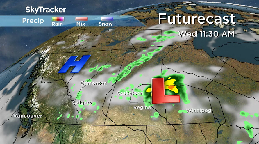 This upper level low pressure system slides into eastern Saskatchewan on Wednesday, bringing a risk of funnel clouds to the region.