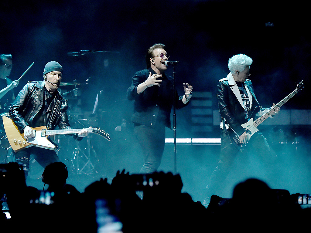 Larry Mullen Jr., The Edge, Bono and Adam Clayton of U2 perform on stage during at Madison Square Garden on July 1, 2018 in New York City.