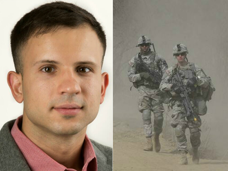 At left, Lucas Calixto, a Brazilian immigrant suing the U.S. Army after he was unexpectedly discharged. At right, U.S. Army soldiers.