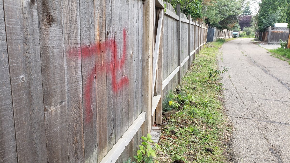 Hateful graffiti, including red swastikas, were reported in Edmonton's Lessard neighbourhood on Friday, Aug. 3, 2018.
