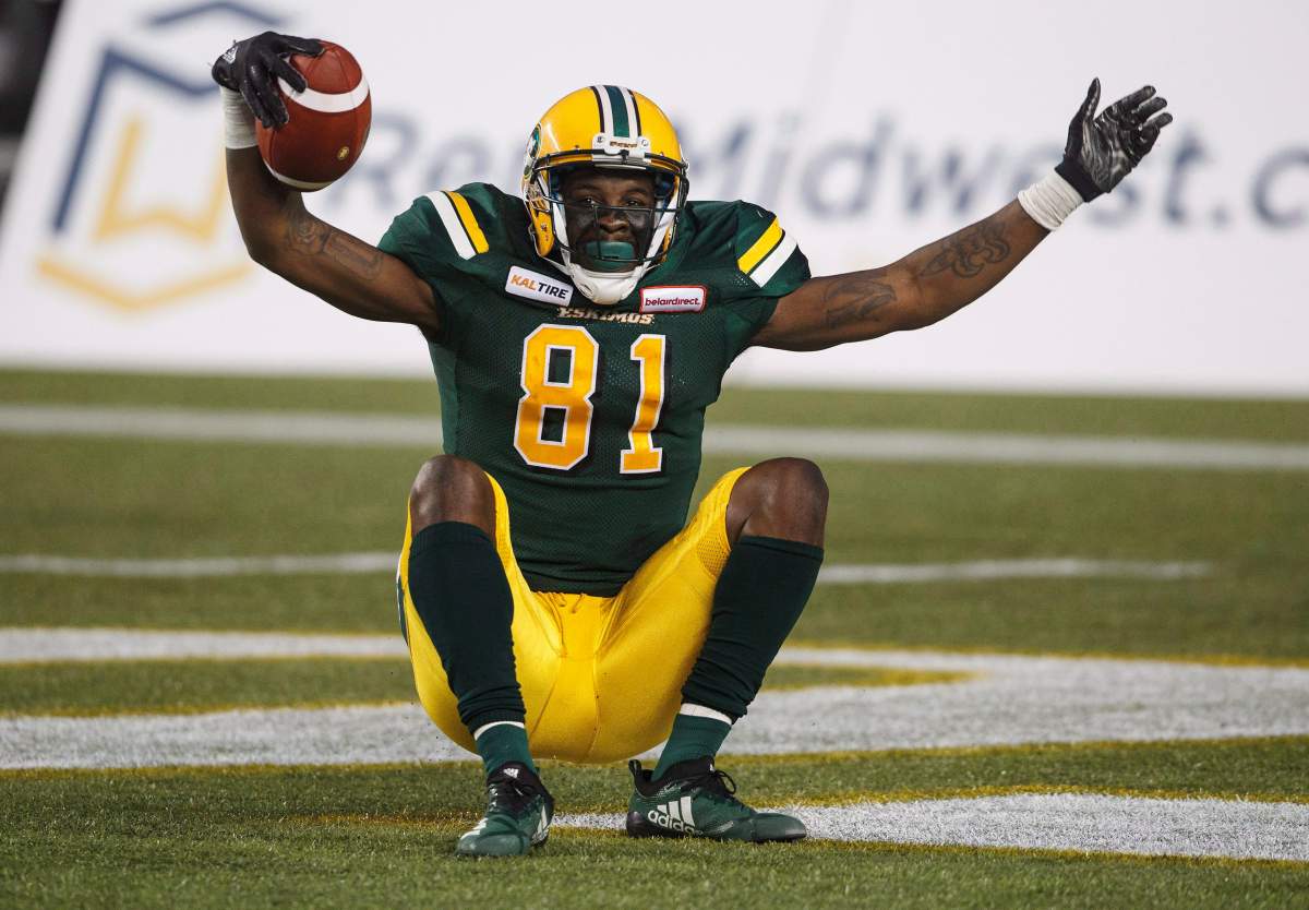 Edmonton Eskimos D'haquille Williams (81) celebrates a touchdown against the B.C. Lions during second half CFL action in Edmonton, Alta., on Friday June 29, 2018. 