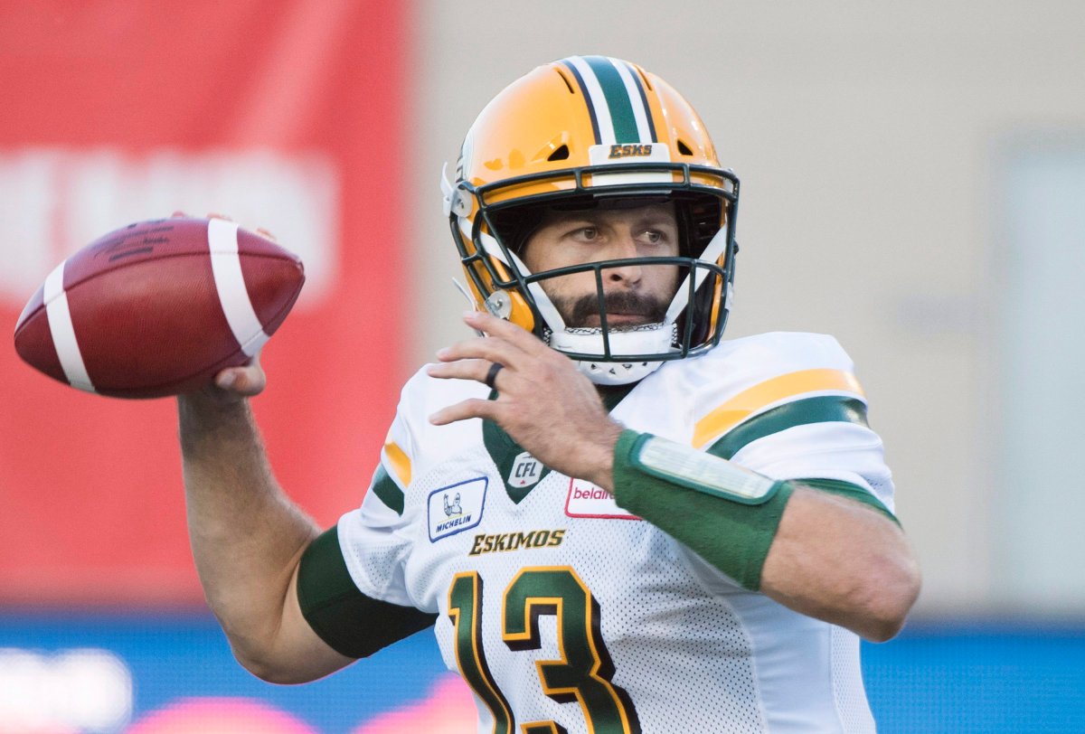 Edmonton Eskimos quarterback Mike Reilly throws a pass during first half CFL football action against the Montreal Alouettes in Montreal, Thursday, July 26, 2018. 