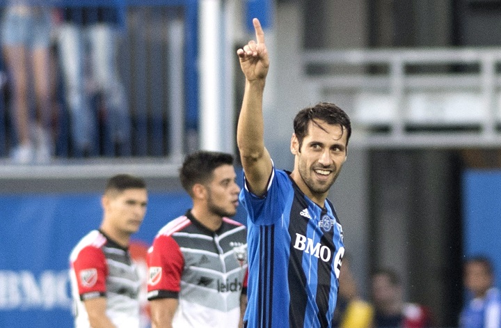 Montreal Impact's Matteo Mancosu reacts after scoring against D.C. United during first half MLS soccer action in Montreal, Saturday, August 4, 2018. 