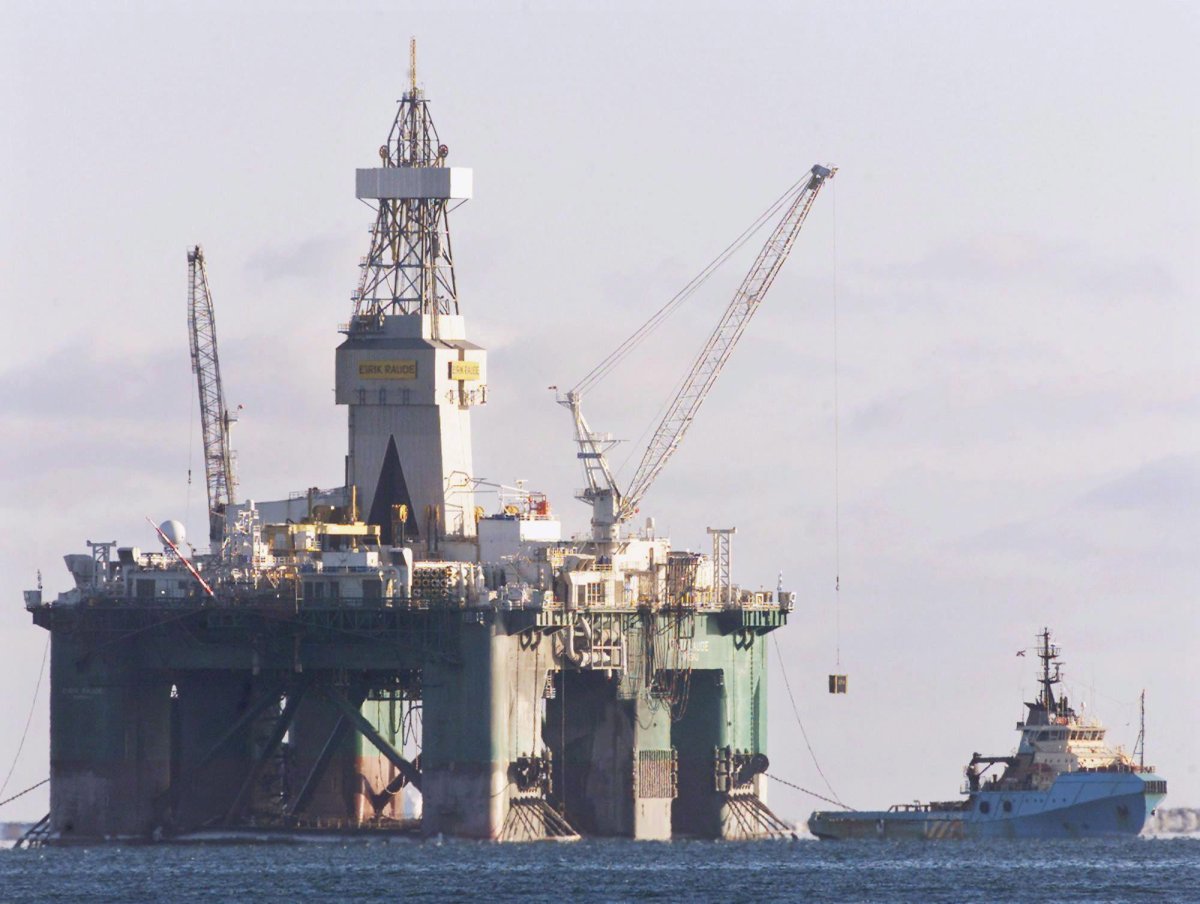 The semi-submersible oil rig Eirik Raude sits anchored in Halifax harbour on Tuesday, Jan. 28, 2003. 