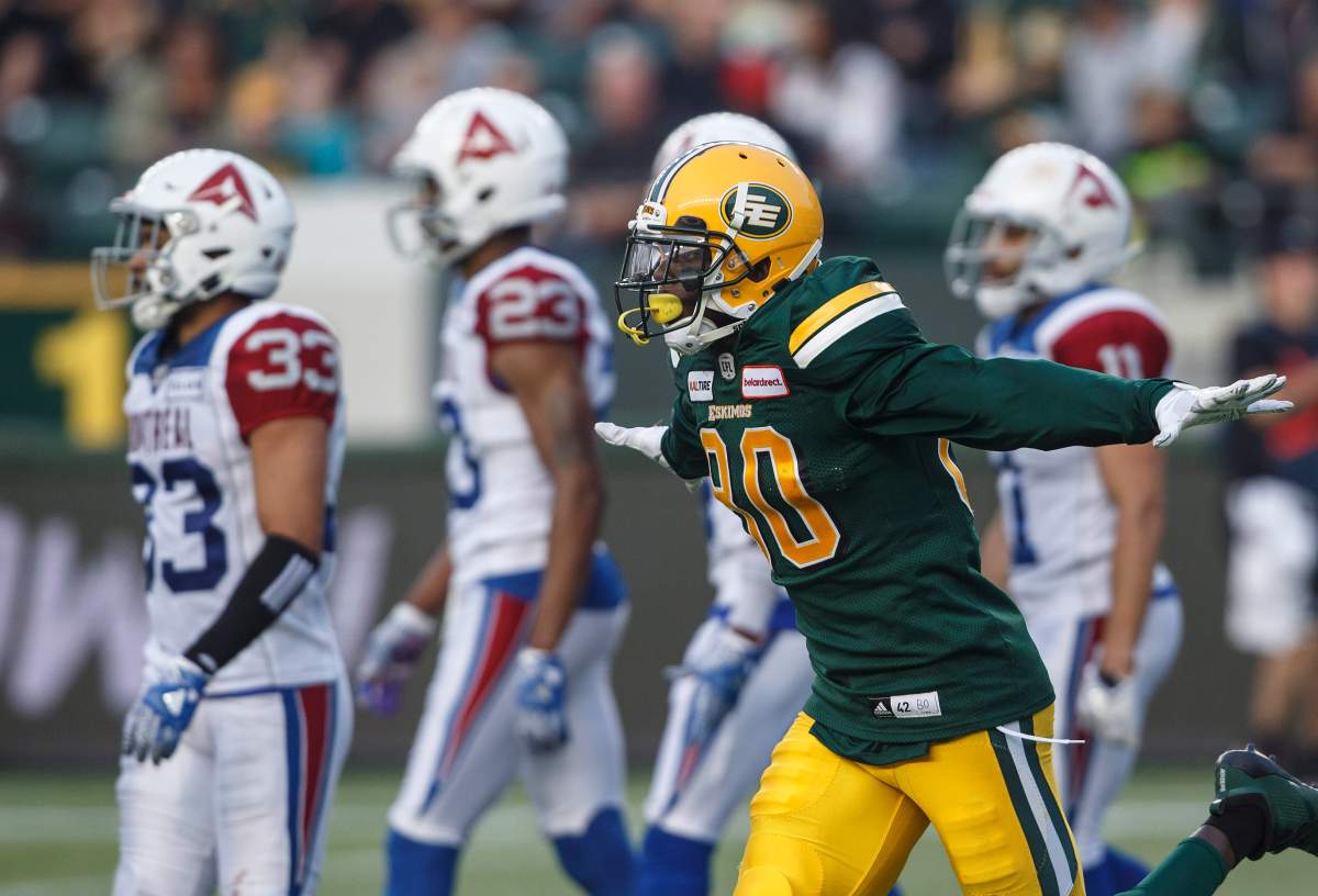 Edmonton Eskimos' Bryant Mitchell (80) celebrates a touchdown against the Montreal Alouettes during first half CFL action in Edmonton, Alta., on Saturday August 18, 2018.