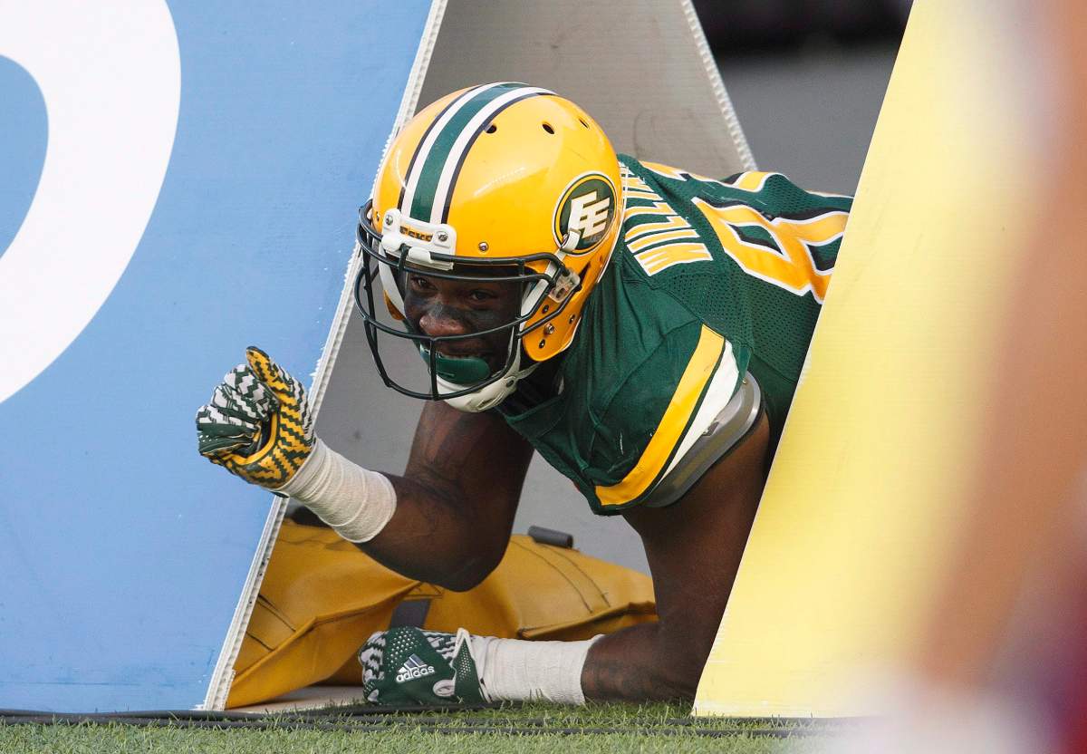 Edmonton Eskimos’ D’haquille Williams (81) celebrates a touchdown against the Montreal Alouettes during first half CFL action in Edmonton, Alta., on Saturday August 18, 2018.