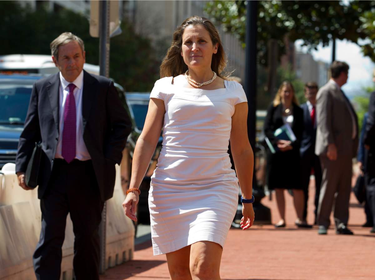 Canada's Foreign Affairs Minister Chrystia Freeland arrives for trade talks at the Office of the United States Trade Representative, Friday, Aug. 31, 2018, in Washington.