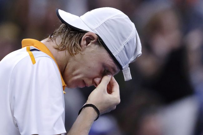 Denis Shapovalov of Canada reacts after being defeated by Kevin Anderson of South Africa, during the third round of the U.S. Open tennis tournament, Friday, Aug. 31, 2018, in New York. 