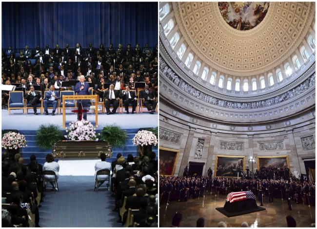 This combination photo shows former President Bill Clinton speaking at Aretha Franklin’s funeral in Detroit, left, and the flag-draped casket of Sen. John McCain at the U.S. Capitol.