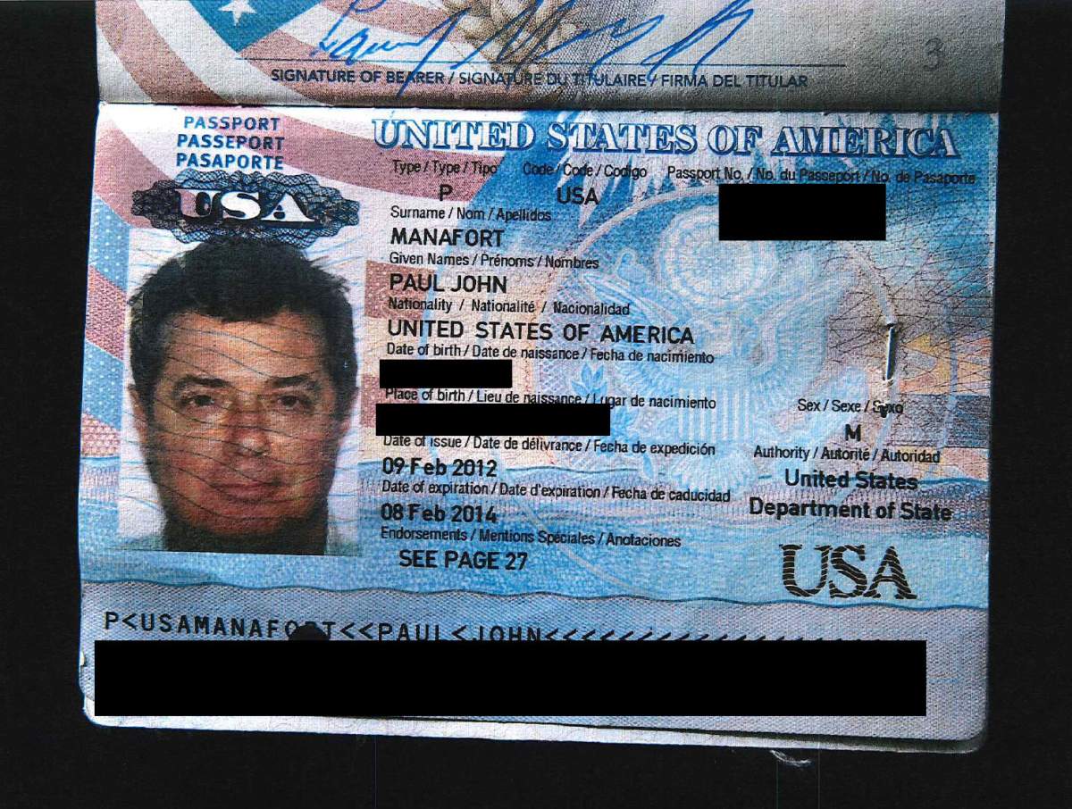 The 2012-issued passport of U.S. President Donald Trump’s former campaign chairman Paul Manafort, included in the government’s exhibits admitted into evidence during Manafort’s trial, is shown in this image released from Special Counsel Robert Mueller’s office in Washington, DC.