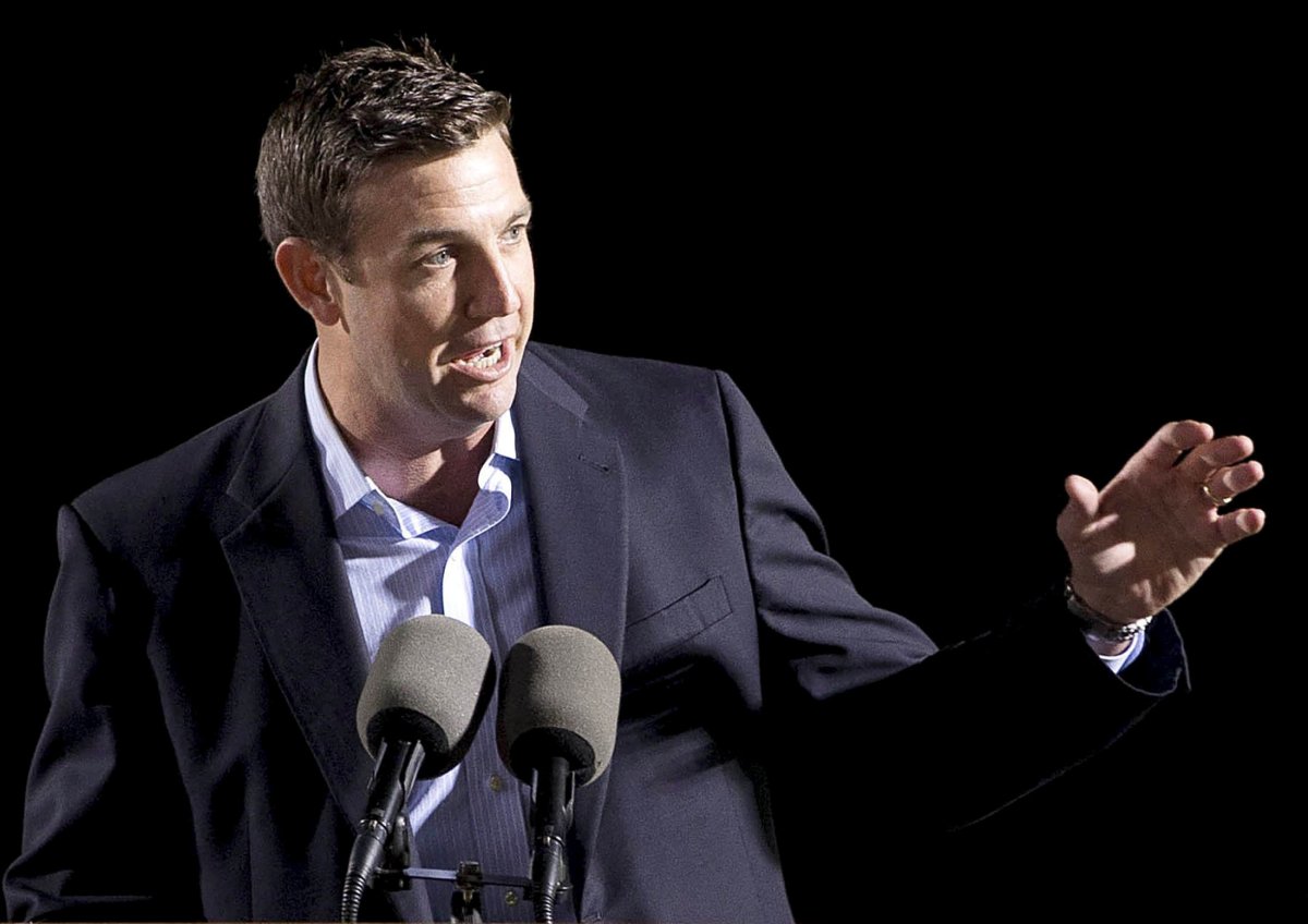 U.S. Congressman Duncan D. Hunter (R-CA) speaks at the launch of the Isla Bella, the first container ship to be powered by liquid natural gas, during a nighttime ceremony at General Dynamics NASSCO shipyard in San Diego, California April 18, 2015.   