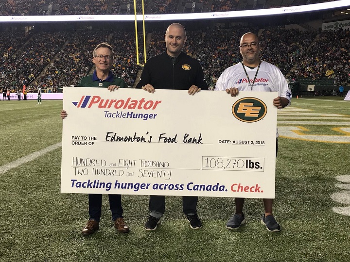 The equivalent of over 108,000 pounds of food was raised at the Edmonton Eskimos vs. Saskatchewan Roughriders game on Aug. 2, 2018.