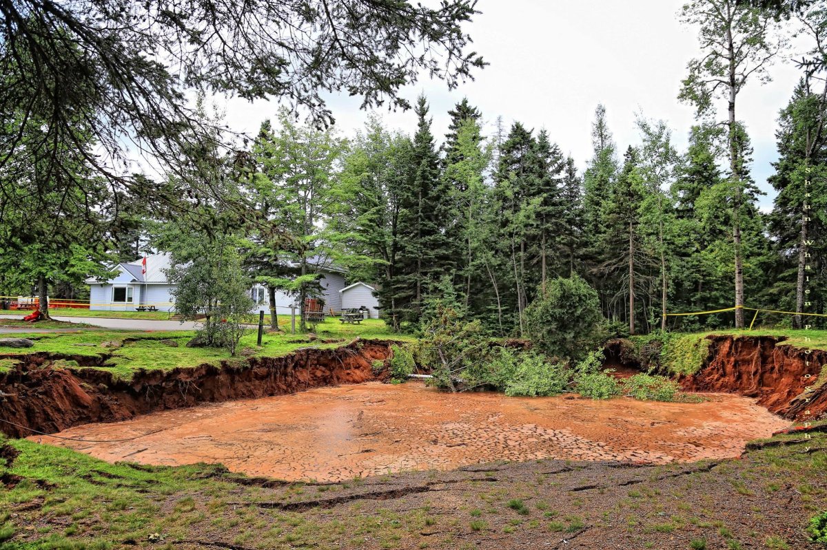 The sinkhole in Oxford, N.S., is seen on August 27, 2018. Officials say that the hole has expanded further over the weekend. 