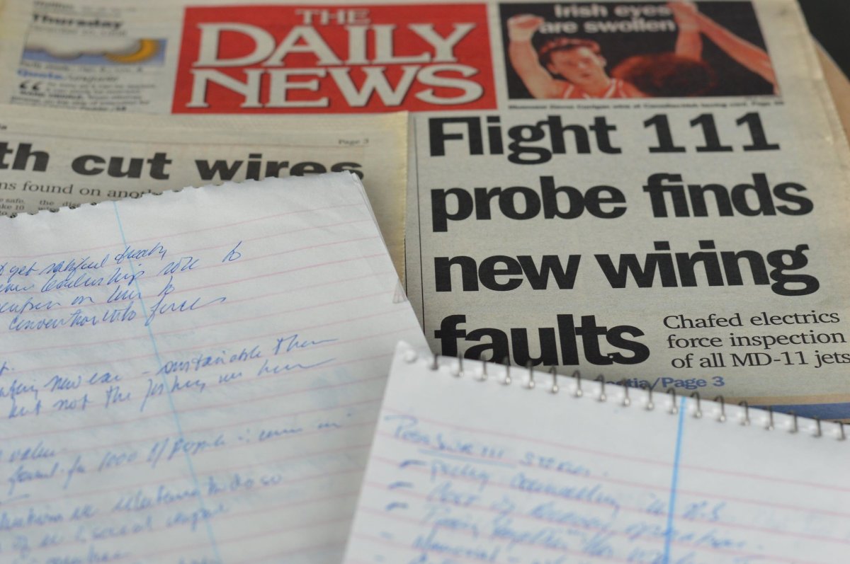 The notebooks and newspaper that Richard Dooley used in his time covering the Swissair Flight 111 crash.