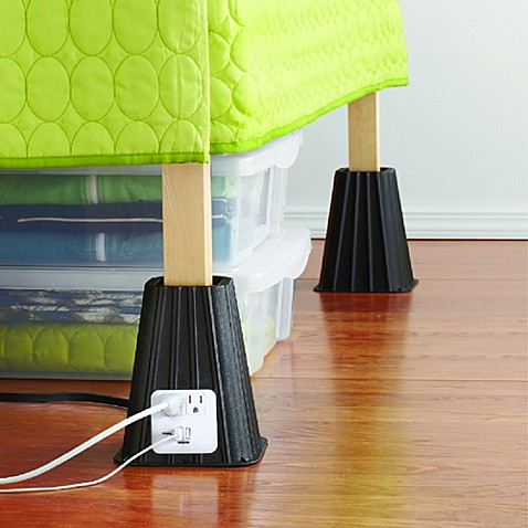 If the problem in your new space is a lack of outlets, this four-piece bed lift works in two ways. First, you can create extra storage space under your bed and two, each lift comes with an outlet as well as a USB slot.