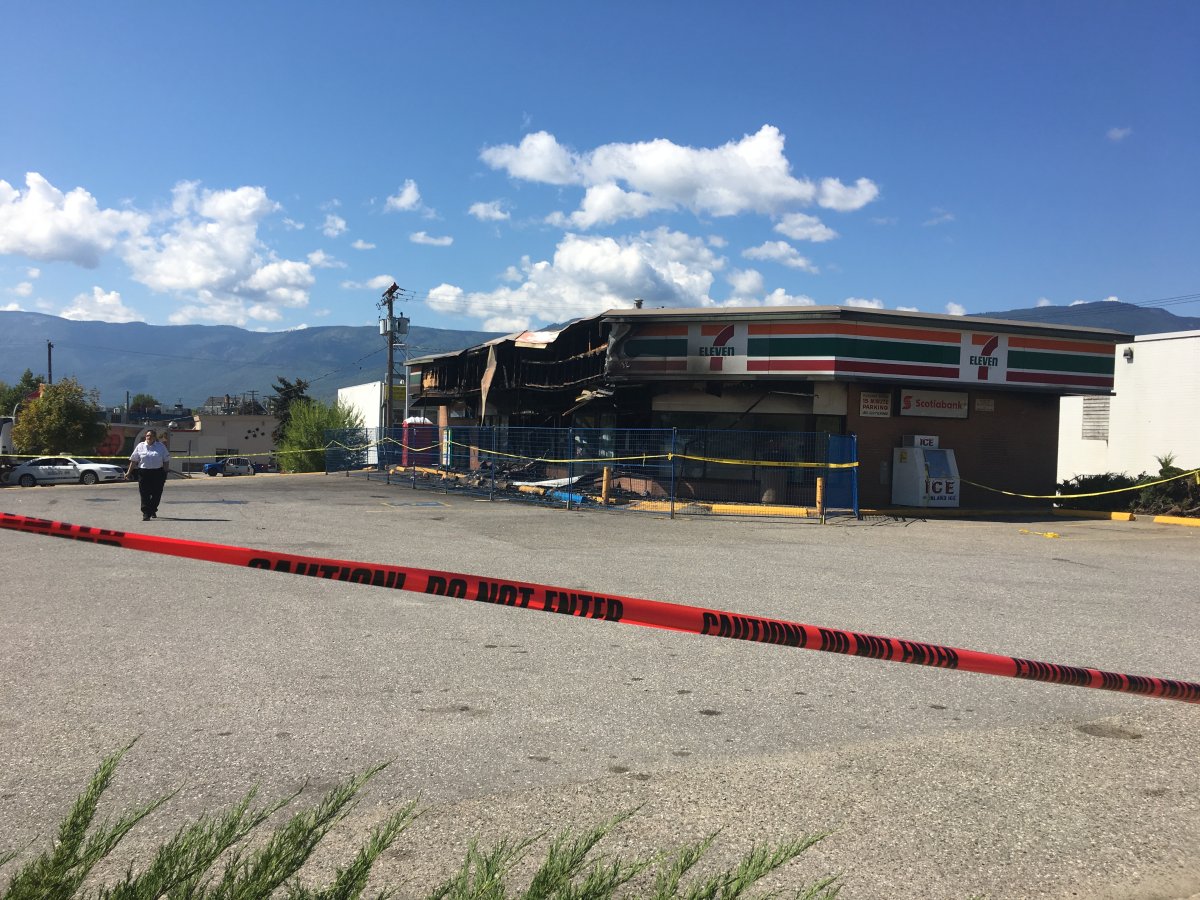 The 7-Eleven in Salmon Arm was heavily damaged and roped off by caution tape after the August fire.
