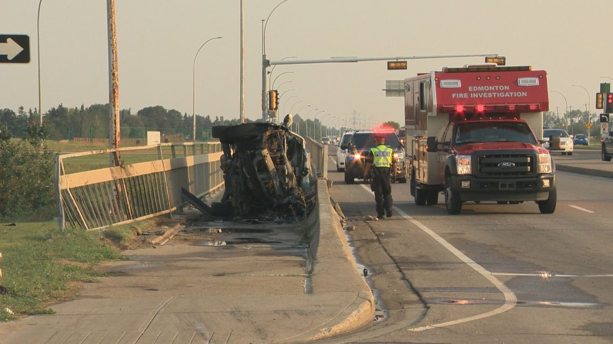 One person was taken to hospital after a crash on the 91 Street overpass above Whitemud Drive Thursday, Aug. 9, 2018.
