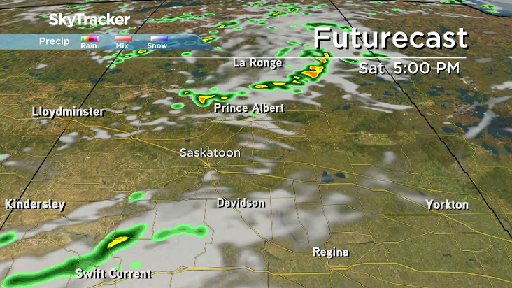 A few spotty showers and storms could spark up late Saturday as clouds start clearing out of the Saskatoon area.