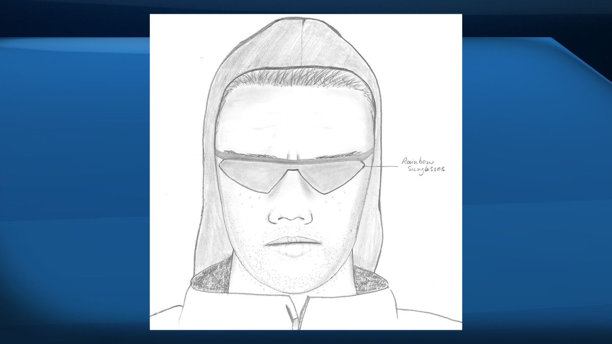 Composite sketch of the male suspect wanted for armed robbery of an Airdrie thrift store.