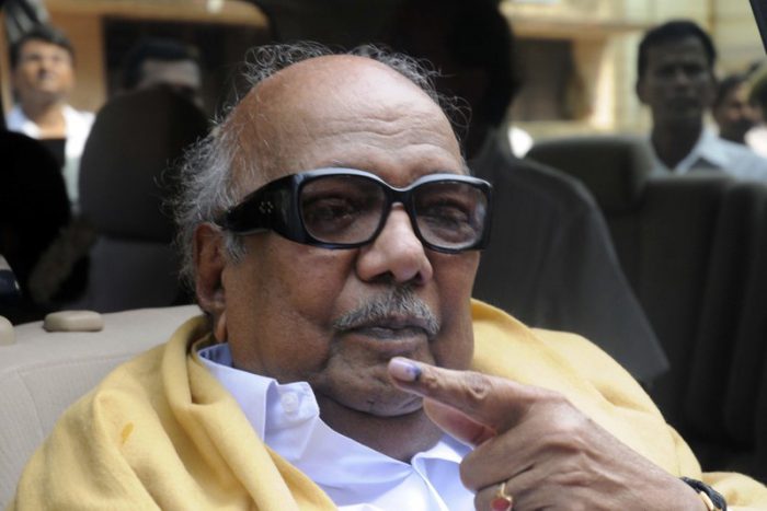 In this May 13, 2009 file photo, Tamil Nadu state’s then Chief Minister Muthuvel Karunanidhi displays the indelible ink mark on his finger after casting his vote at a polling booth in Chennai, India.