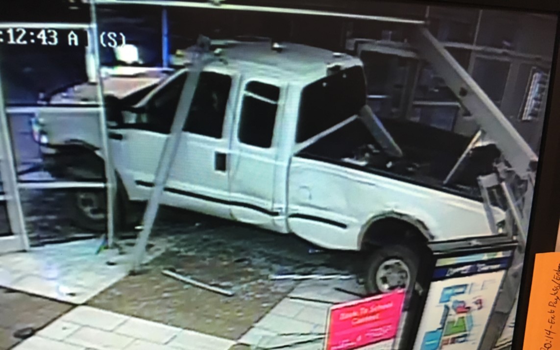 Still from video surveillance showing a truck breaking into Parkland Mall in Red Deer, Alta. where two ATMs were stolen on Thursday, August 2, 2018.