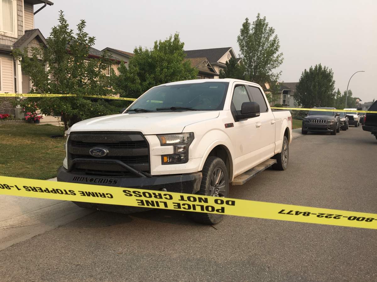 Calgary police locate a truck believed to be involved in a hit and run involving a police officer, Saturday, Aug. 18, 2018.