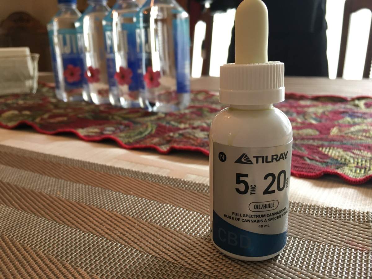 Vial through which Maria Moreal consumes cannabinoid oil medication.