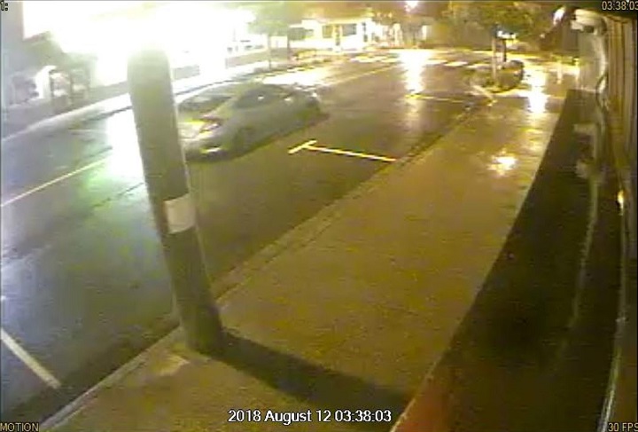 A suspicious fire took place at the Royal Bank in Chase, B.C., earlier this month, and video surveillance showed this grey/silver hatchback leaving the scene after the fire was set.