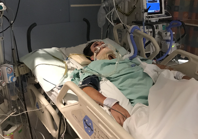 Cole Liley in Victoria Hospital’s Critical Care Trauma Centre.