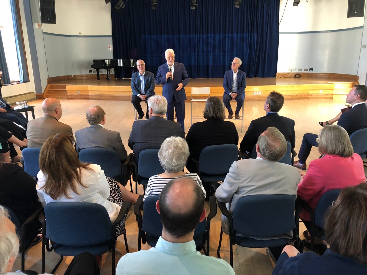 Quebec Premier Philippe Couillard addressing a crowd of anglophone community leaders at Dawson College. Thursday, Aug. 16, 2018. 