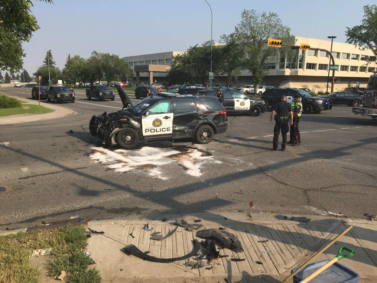 A Calgary police cruiser was involved in a 3-vehicle collision on Thursday, Aug. 9.