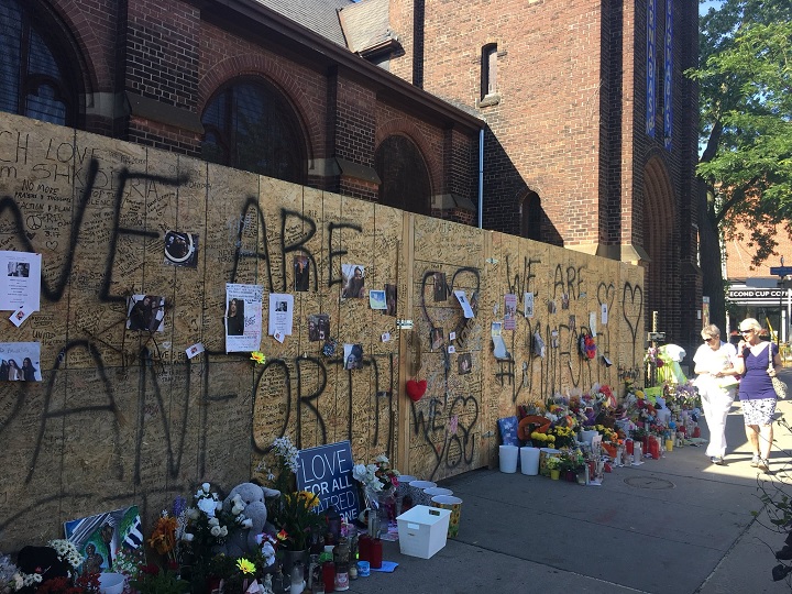 A memorial for victims of the Danforth shooting near St. Barnabas Church in Toronto on Aug. 10, 2018.