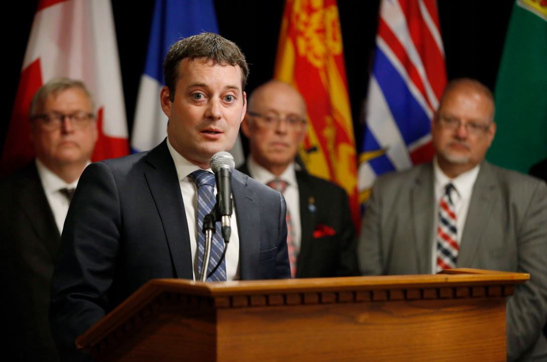 Randy Delorey, Nova Scotia Minister of Health and Wellness, responds to a reporter's questions as from left, Gaetan Barrette, Quebec Minister of Health and Social Services, John Haggie, Newfoundland and Labrador Minister of Health and Community Services, and Kelvin Goertzen, Manitoba Minister of Health, Seniors and Active Living listen in at a press conference during the Conferences of Provincial-Territorial Ministers of Health in Winnipeg, Thursday, June 28, 2018. 