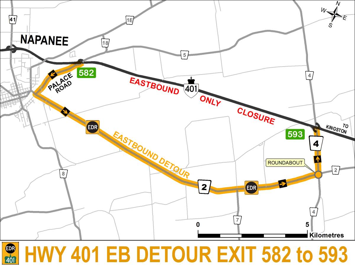 Napanee OPP have released a detour route for Highway 401 eastbound lanes that will be closed starting at 9 p.m. on Thursday evening.