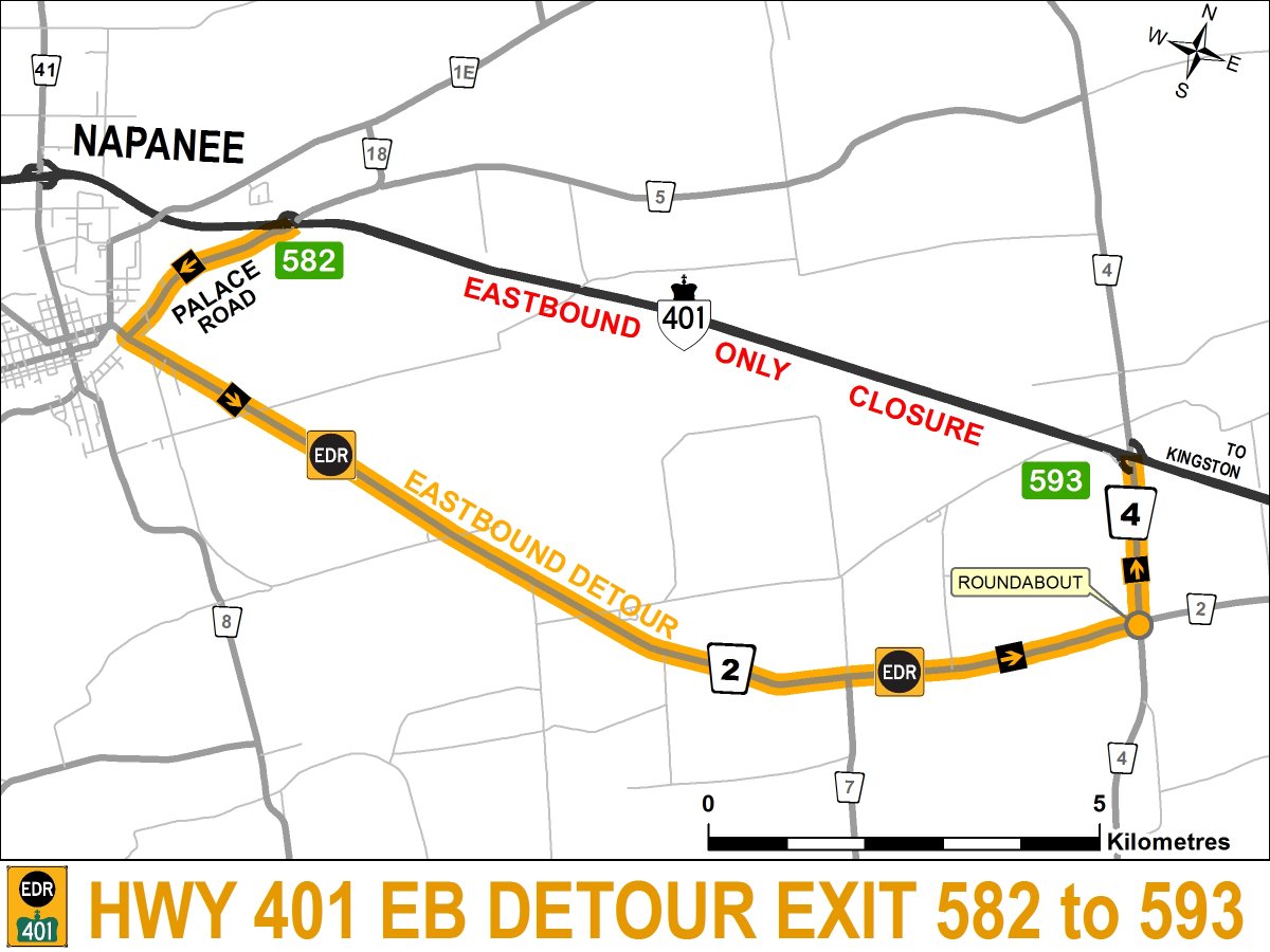 Napanee OPP have released a detour route for Highway 401 eastbound lanes that will be closed starting at 9 p.m. on Thursday evening.