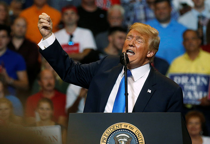 U.S. President Donald Trump speaks during campaign rally at Mohegan Sun Arena in Wilkes-Barre, Pa., August 2, 2018.