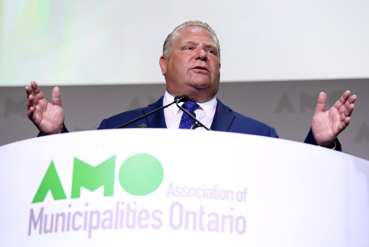 Ontario Premier Doug Ford speaks at the Association of Municipalities of Ontario in Ottawa on Monday, Aug. 20, 2018.