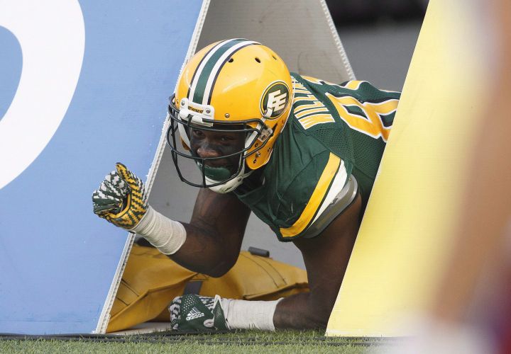 Edmonton Eskimos’ D’haquille Williams (81) celebrates a touchdown against the Montreal Alouettes during first half CFL action in Edmonton, Alta., on Saturday August 18, 2018.